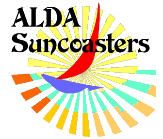 Suncoast Logo: blue boat with red sail on yellow sun ray background